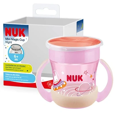 Abbildung von NUK Mini Magic Cup Silikon Trinklernbecher mit Leuchteffekt 6+ Monate 160 ml auslaufsicherer 360 Trinkrand ergonomische Griffe BPA frei Hase (pink) 10255666