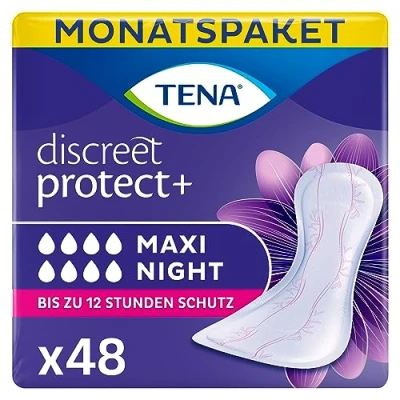 Abbildung von TENA Discreet Maxi Night 48 Einlagen im Monatspaket (8 x 6 Stück), einzeln verpackt Hygieneeinlagen für Frauen bei mittlerer bis starker Blasenschwäche während der Nacht