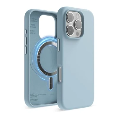 Abbildung von elago Magnetisch Silikon Hülle Kompatibel mit iPhone 16 Pro 6,3 Zoll, Allen MagSafe Zubehör Eingebaute Magnete, Soft Grip Silikon, Stoßfest (Himmelblau)