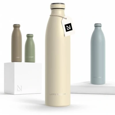 Abbildung von LARS NYSØM Edelstahl Trinkflasche 350ml, 500ml, 750ml, 1L, 1 5 liter Thermosflasche Kohlensäure geeignet Auslaufsichere Wasserflasche für Sport, Outdoor, Schule (Almond Beige, 1000ml)