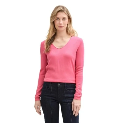 Abbildung von TOM TAILOR Damen 1012976 Strickpullover mit V Ausschnitt, 15116 Bright Rose, S