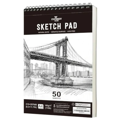 Abbildung von STATIONERY ISLAND Skizzenbuch, A4 Zeichenblock 180 g/m² Dickes Papier, 100 Seiten / 50 Bögen Spiralgebundenes DIN Sketchbook 1 Packungen
