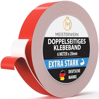 Abbildung von MEISTERWERK Doppelseitiges Klebeband ohne Bohren [EXTRA STARK] Universelles Montageband I stark Doppelklebeband (6m x 20mm)