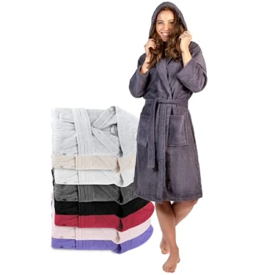 Abbildung von Bademantel Damen 100% Baumwolle (350g/m²) OEKO TEX® Zertifiziert Morgenmantel mit Kapuze, 2 Taschen, Gürtel DarkGrau M