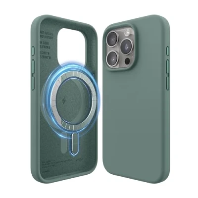 Abbildung von elago Magnetische Silikonhülle Kompatibel mit iPhone 15 Pro Hülle, MagSafe Alles Zubehör, Integrierte Magnete, Premium Silikon, Ganzkörper Schutzhülle [5 Lagige Struktur] (Nachtgrün)