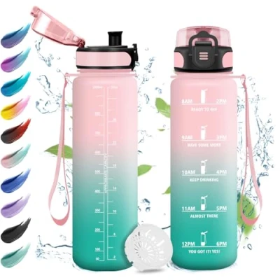Abbildung von Sport Trinkflasche 1L, Auslaufsichere Wasserflasche mit Filter, Motivierende Zeitmarkierung, Kohlensäure Geeignet, Sportflasche für Gym, Camping, Fahhrad, Erwachsener, Wandern