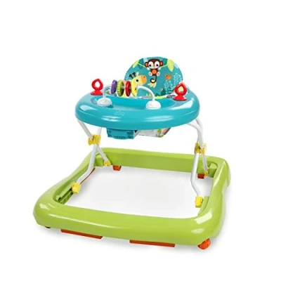 Abbildung von Bright Starts, Giggling Safari, Lauflernhilfe mit Spielzeuge, Perlenschiebespielzeug, 3 Höheneinstellungen, Lauflernwagen hoher Rückenlehne, zusammenklappbare, grün / blau, Kinder ab 6 Monaten