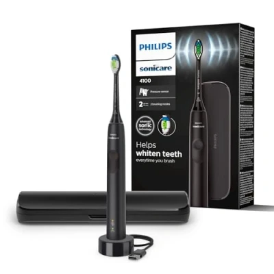 Abbildung von Philips Sonicare 4100 elektrische Zahnbürste für Erwachsene mit 1 x W2 Optimal White Bürstenkopf in Schwarz, schlankem Reiseetui und USB Ladegerät (Modell HX3683/54)