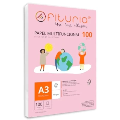 Abbildung von Packung mit 100 weißen DIN A3 Blättern, 100g Druckerpapier. Multifunktionales Kopierpapier für Schule und Büro. Ideal Laserdrucker, Tintenstrahldrucker oder Kopierer Ofituria