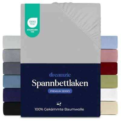 Abbildung von Dreamzie Premium Spannbettlaken 100x200 cm, Spannbetttuch für Dicke Matratzen bis zu 22 Bettlaken 100% Jersey Baumwolle, 150 g/m², Oeko TEX Zertifiziert Grau