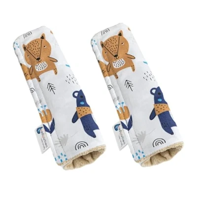 Abbildung von Medi Partners Gurtpolster Kinder 2 Stück Autogurt Polster Gurtschutz für Auto 17x22cm 100% Baumwolle Minky Schulterpolster Kids Gurt Schutz Sicherheitsgurt (Boho Animals mit beige Minky)