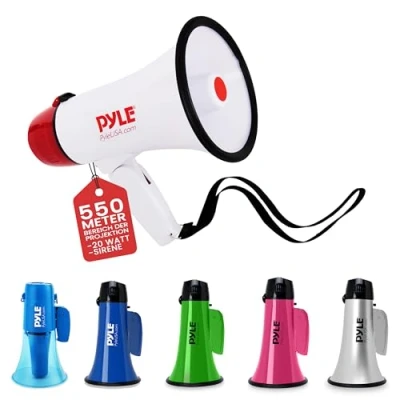 Abbildung von Pyle Megafon PA Bullhorn 20 Watt, verstellbare Lautstärke, eingebaute Sirene, 800 Meter Reichweite für Fußball, Baseball, Hockey, Cheerleading und Sicherheitsübungen, Weiß