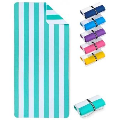 Abbildung von Fit Flip Strandtuch XXL Mikrofaser Badetuch Strandtücher leicht und schnelltrocknend 100% recyceltes Handtuch Strandhandtuch zum Baden (Türkis Weiß gestreift 200x90cm)
