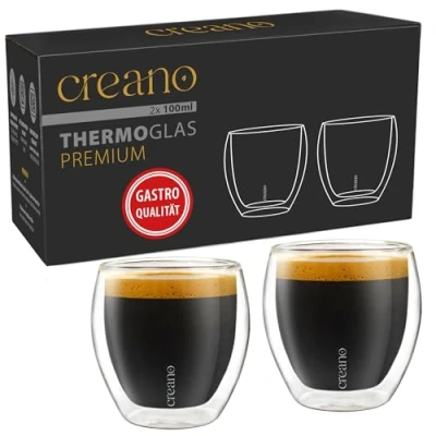 Abbildung von Creano PREMIUM doppelwandige Espressogläser 100ml 2er Set Gastronomie Qualität 100% Spülmaschinenfest Thermoglas Doppelwandglas NEUHEIT 2024