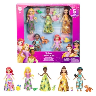 Abbildung von Mattel Disney Princess und Freunde Set mit 5 beweglichen kleinen Puppen abnehmbaren Röcken oder Hosen Freundefiguren, inspiriert von den Filmen, JBL33