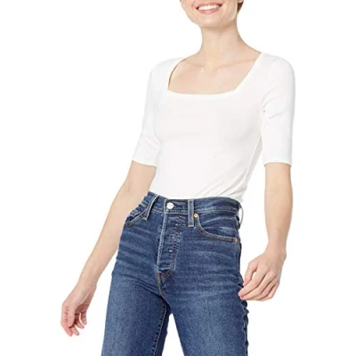 Abbildung von Amazon Essentials Damen Halbarm T Shirt mit eckigem Ausschnitt in schmaler Passform, Grellweiß, L