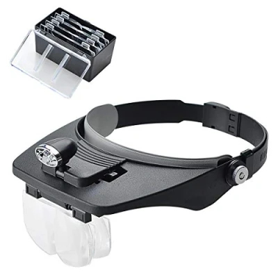 Abbildung von COVVY Stirnbandlupe mit 2 LED Leuchten, Freisprech Headset Lupenkopf Lupen 4 abnehmbaren Linsen zum Lesen, elektronischen Reparieren, Schmuck, Nähen, Basteln, Beobachten