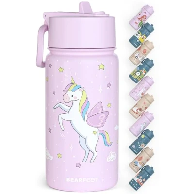 Abbildung von BEARFOOT Trinkflasche Kinder Edelstahl mit Strohhalm Thermosflasche 400ml BPA frei auslaufsicher Kleinkinder, Mädchen &amp; Jungen Wasserflasche für Schule, Kindergarten (Lila Einhorn)