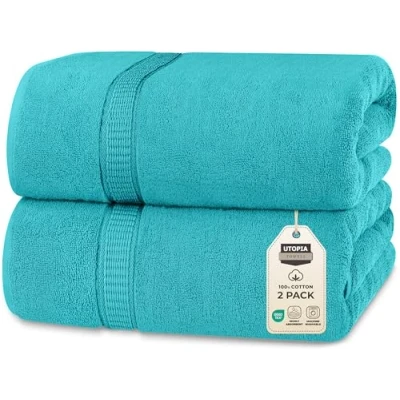 Abbildung von Utopia Towels 2er Badetücher Groß aus Baumwolle mit Aufhänger, Saunatücher,Badehandtücher Groß, Handtücher 90 x 180 cm (Türkis)