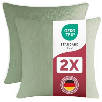 Abbildung von Blumtal Musselin Kissenbezug 80x80 cm 2er Set Oeko TEX zert. Kopfkissenbezug aus 100% Baumwolle weiches Kissen waschbar bei 40 C atmungsaktive Sommer Kissenbezüge Sommergrün