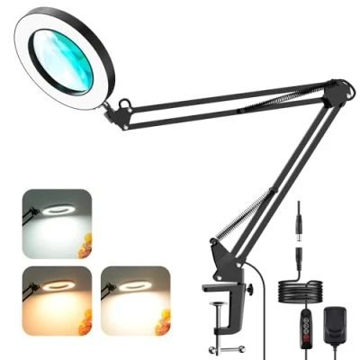 Abbildung von YOUKOYI 5X Lupenlampe, Lupenleuchte mit Klemme, Lupe Licht und Ständer, 3 Farbmodi Dimmbar LED Lupenlampe Schreibtischlampe für Hobby Basteln, Lesen, Büro, Arbeit (Schwarz)