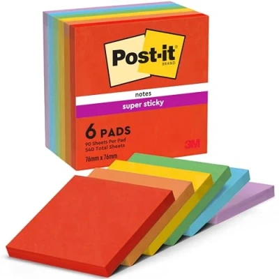 Abbildung von Post it Super Sticky Notes Playful Collection, 6 Blöcken, 90 Blatt pro Block, 76 mm x mm, Rot, Orange, Gelb, Grün, Blau, Violett Extra stark klebende Notizzettel für To Do Listen und Erinnerungen
