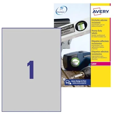 Abbildung von AVERY Zweckform L6013 20 Typenschild Folienetiketten (20 Aufkleber, 210x297mm auf A4, stark selbstklebend, strapazierfähig, wetterfest, bedruckbare Klebefolie, blanko) Blatt, silber