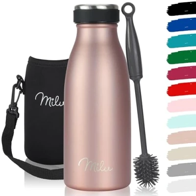 Abbildung von Milu Edelstahl Trinkflasche 350ml, 500ml, 750ml, 1L, 1,5L Thermosflasche für Kinder Erwachsene auslaufsicher Isolierflasche Kohlensäure geeignet inkl. Reinigungsbürste (Rose Gold, 350ml)