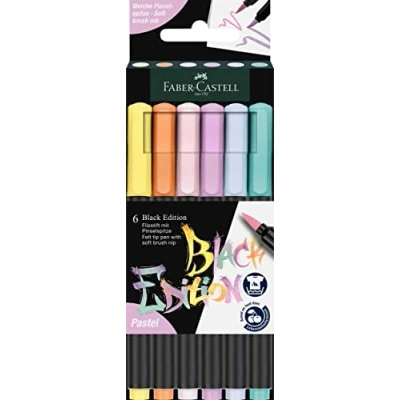 Abbildung von FABER CASTELL 116453 Filzstifte Set Black Edition 6er Etui, Pastellstifte mit Pinselspitze, für Kinder und Erwachsene