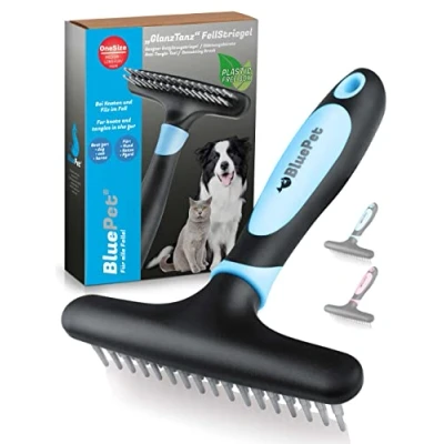 Abbildung von BluePet GlanzTanz Fellentwirrer Entfilzer für Langhaar Hunde und Katzen Hochwertiger Hundestriegel mit zwei Reihen Pins Löst Knoten &amp; Verfilzungen Glättet Entwirrt das Deckhaar (Blau)