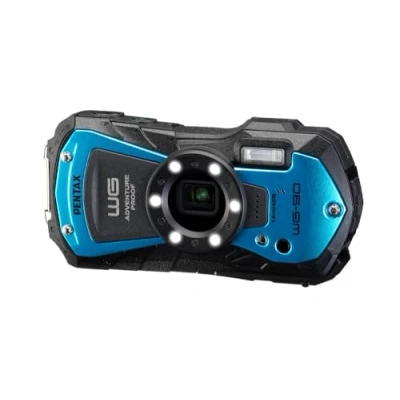 Abbildung von PENTAX WG 90 Blau wasserdichte Digitale Kompaktkamera, entwickelt für die einfache Unterwasseraufnahmen bis zu Einer Tiefe von 14 Metern