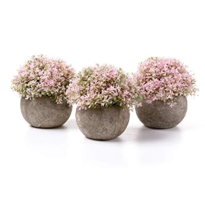 Abbildung von T4U Künstliche Blumen Bonsai Kunstpflanze mit grauen Topf, für Hochzeit/Büro/Zuhause Dekoration Rosa Blüten, 3er Set
