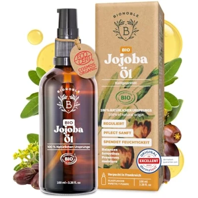 Abbildung von Bionoble Jojobaöl Bio 100ml 100% Rein, Natürlich und Kaltgepresst Gesicht, Körper, Haare, Bart, Nägel Vegan Cruelty Free Jojoba Oil Glasflasche + Pipette Pumpe