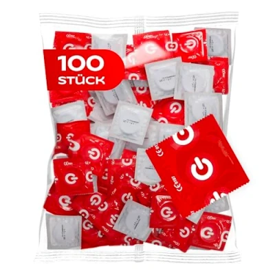 Abbildung von ON) Kondome Erdbeere I 54 mm Breite 100 Stück Packung rot &amp; fruity mit Silikon Gleitgel dünne 0,07 Wandstärke vegan Condoms for men