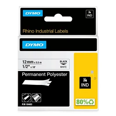 Abbildung von DYMO Rhino Industrie Permanente Polyesteretiketten 12 mm x 5,5 m Schwarz auf Weiß selbstklebendes Schriftband für und LabelManager Beschriftungsgerät