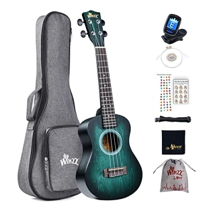 Abbildung von Winzz 23&quot; Ukulele Konzert Anfänger Set Kinderm Erwachsene, Einzigartiges Farbdesign, mit Tasche, Stimmgerät, Zusätzlichen Saiten, Gurt, Noten Aufkleber (Blau Grü)
