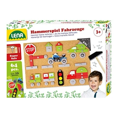 Abbildung von Lena 65826 Hammerspiel Fahrzeuge, Nagelspiel mit 64 farbigen Teilen in verschiedenen Formen, Grundplatte aus Kork, ca. 28 x 19,5 1,4 cm, Hammer und Nägel, Hämmerchenspiel für Kinder ab 3 Jahre