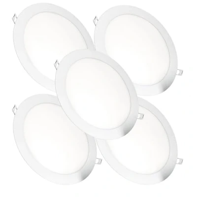 Abbildung von JANDEI Packung mit 5 LED Einbau Downlights, 18 W, 1440 Lumen, runde Form, Einbauloch Ø 200 205 mm, extra flach, 13 mm Tiefe, Warmweiß 3000K, inklusive Transformator (Kaltes Weiß 6000K)