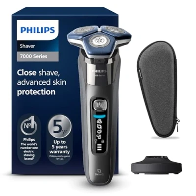 Abbildung von PHILIPS Shaver Series 7000 Elektrischer Nass und Trockenrasierer für Herren mit aufklappbarem Trimmer, Ladestation &amp; Reiseetui (Modell S7887/35)