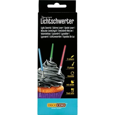 Abbildung von DECOCINO Lichtschwerter 12 Stk. 10,5 cm wiederverwendbare Muffin Topper in rot, blau und grün ideal zum Dekorieren von Cupcakes, Kuchen oder Torten