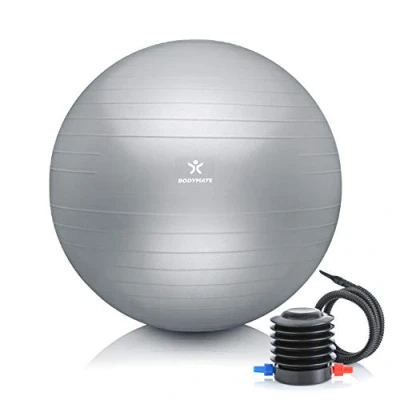 Abbildung von BODYMATE Gymnastikball Sitzball Trainingsball mit GRATIS E Book inkl. Luft Pumpe, Ball für Fitness, Yoga, Gymnastik, Core Training, starken Rücken als Büro Stuhl Silber 65cm