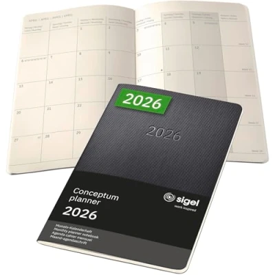 Abbildung von SIGEL C2684 Monats Kalenderheft Monatsplaner 2026, ca. A5, schwarz, Softcover, 2 Seiten = 1 Monat, 64 Seiten, Quickpocket, aus nachhaltigem Papier, Conceptum