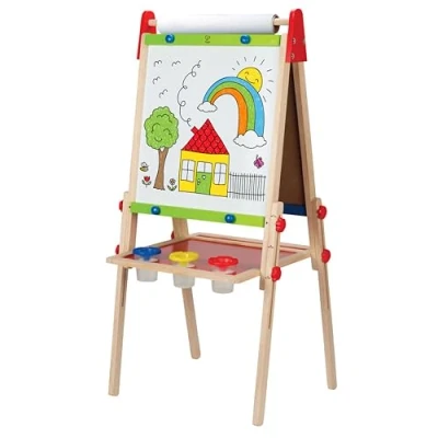 Abbildung von Hape Kinder Spiel Tafel aus Holz Preisgekrönte doppelseitige Kindertafel höhenverstellbar mit Papierrolle, Kreidetafel, Whiteboard, Magnete und 3 Malschüsselchen