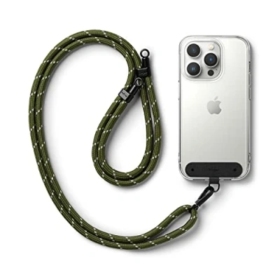 Abbildung von Ringke Holder Link Black [Kordel mit Schwarz Pad] Crossbody Handykette Universal zum Umhängen Kompatibel Universeller Handyhülle Khaki &amp; White