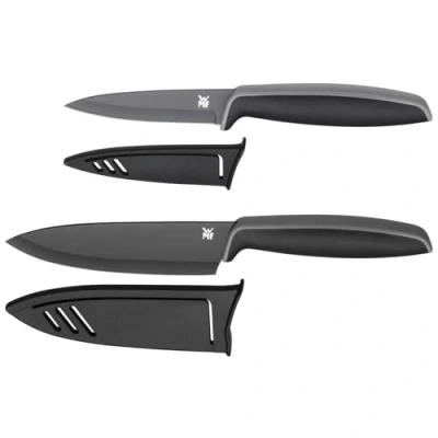 Abbildung von WMF Touch Messerset 2 teilig, Küchenmesser mit Schutzhülle, Spezialklingenstahl antihaftbeschichtet, scharf, Kochmesser, Gemüsemesser, schwarz