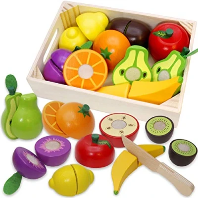 Abbildung von Airlab Kinderküche Spielküche Zubehör aus Holz, Küchenspielzeug Schneiden Obst Gemüse Lebensmittel Holz mit Klett Verbindung für Kinder, Lernspielzeug Rollenspiele Pädagogisches Spielzeug Geschenk