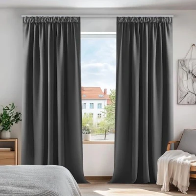 Abbildung von Deconovo Vorhänge Blickdicht Kräuselband Gardinen Schlafzimmer Thermovorhang Kälteschutz Verdunkelung, 245x140 cm(HöhexBreite), Dunkelgrau, 2er Set