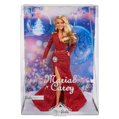 Abbildung von Barbie Mariah Carey Sammelpuppe mit glänzender roter Robe, Rüschen, Schlitz, glamouröse Locken, silberfarbene Accessoires, rote High Heels, Weihnachtstradition, Dekoration, HJX17