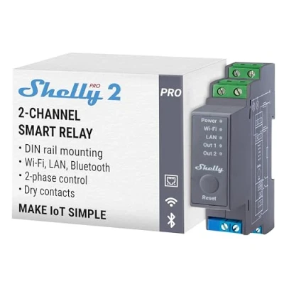 Abbildung von Shelly Pro 2 Kanal DIN Schienen Relais Schalter mit WLAN, LAN &amp; Bluetooth Verbindung 25A Alexa Google Home iOS Android App Lichtsteuerung Fernsteuerung für motorisiertes Ventil