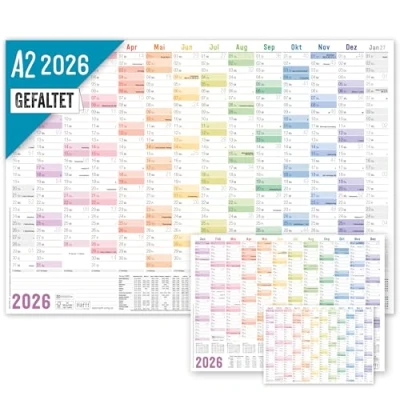 Abbildung von =Häfft® Wandkalender 2026 A2 gefalzt (59,4 x 42 cm) &quot;Rainbow&quot; Wandplaner mit Ferien und Feiertags Übersicht, inkl. gratis A3 + A4 Kalender nachhaltig &amp; klimafreundlich